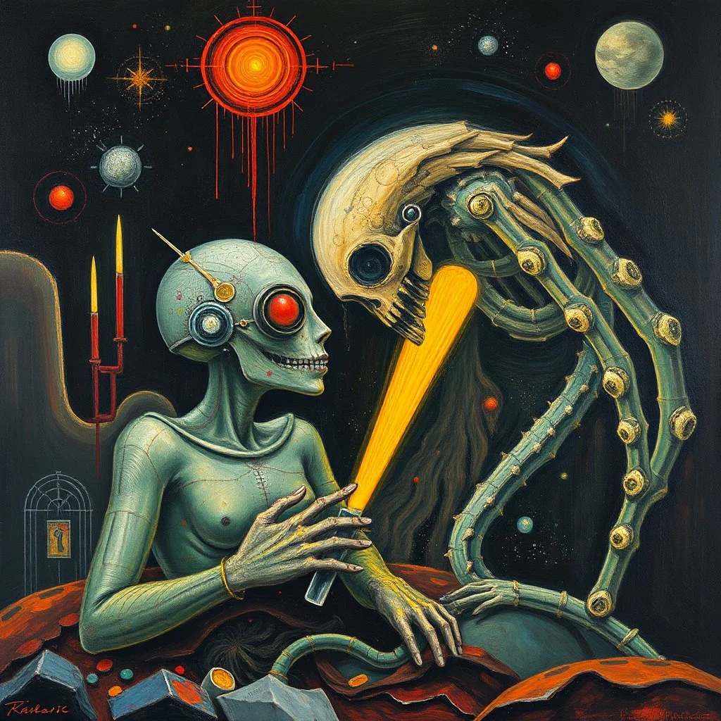 Gnostic embalming sci-fi tragedy, android dreams, by Rufino Tamayo and H.R. Giger, by Wassily Kandinsky, neon, surreal horror, genetic abrogation, oil painting with abstract elements