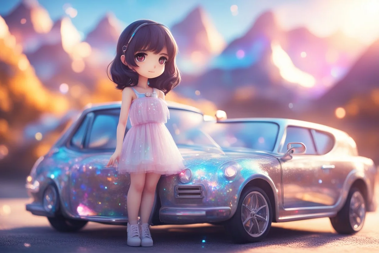 cute chibi anime sensual brunette girl next to a chibi car, holographic, transparent sparkling crystal mountains in sunshine, ethereal, cinematic postprocessing, bokeh, dof