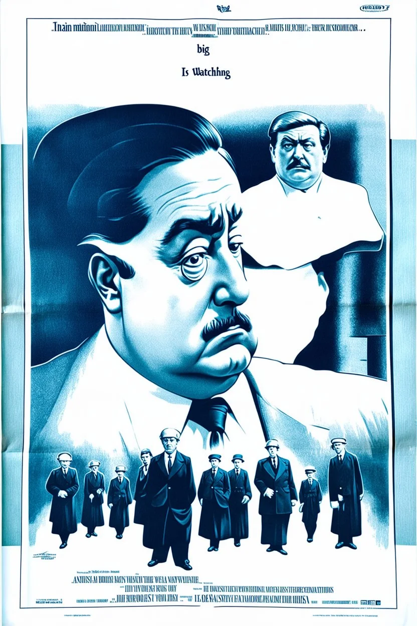 an old poster with "BIG BROTHER"(across top) "IS WATCHING"(across bottom) and a scowling of a dictator in the middle. black and white printed poster on old paper