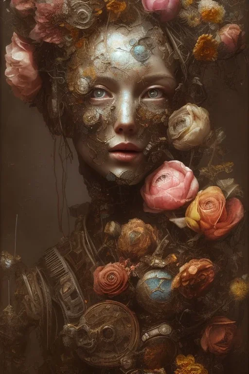 an abstract painting of rusted metal and flowers, by rembrant, rust, scaffolding, iron cladding, decay, mixed media, textured, anatomically correct, beautiful perfect face, sharp focus, highly detailed