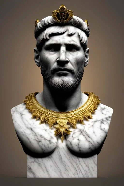 Realistic image, Roman sculpture made in white marble with gold veins, Lionel messi with gold laurel leaves crown, decorative star on the chest, waist up portrait, marble material, gold ornaments, Baroque style, sun rays background, epic, celestial, cinematic lighting, God lights, 4k resolution, smooth details, soft lighting, unreal engine 5, art station, substance 3d.