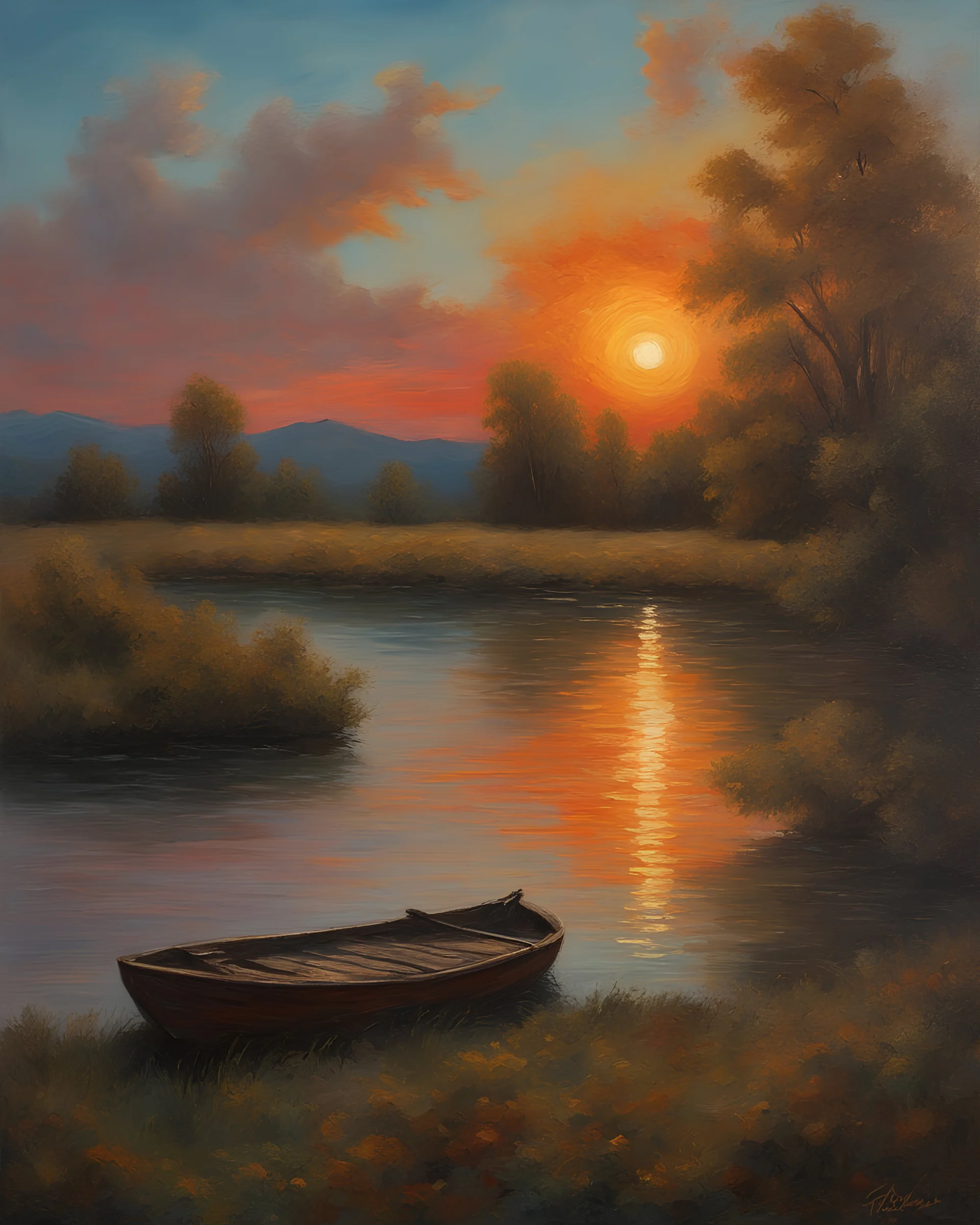 a painting of a sunset over a lake, inspired by J. Ottis Adams, inspired by William Didier-Pouget, inspired by Vladimir Borovikovsky, inspired by Laurits Tuxen, thick impasto technique, inspired by Mykola Burachek, inspired by Guido Borelli da Caluso, colorful oil painting, landscape oil painting