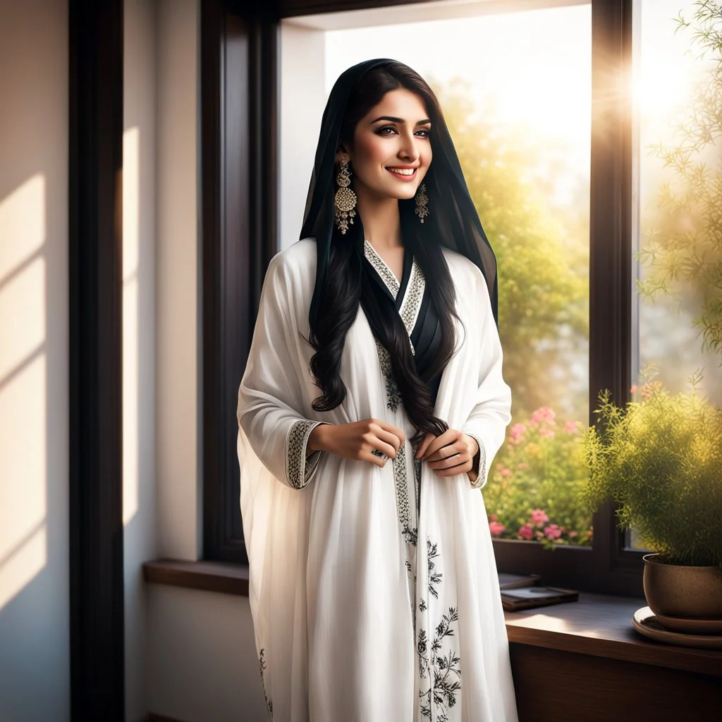 Hyper Realistic Photographic View Of A Gorgeous Pashto Young Woman (Wearing Long White Coat With Black Dress With Black Embroidery & Wearing Plain White Dupatta On Her Neck) Alone Happily Standing & Smiling In Her Office Room With Her Beautiful Long Black Hair With Sun Rays Coming From A Fancy Window At Her Back, With A Little Garden View From Outside WIndow Showing Dramatic & Cinematic Ambiance.