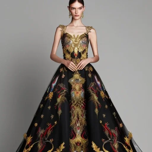 stunning extrem opulent haute couture gown designed by Marchesa inspired by fairies, realistic epic elegant fantasy color mix of black and gold and dark red,decorated with precious stones, detailed, high quality, intricate, fantasyland background,