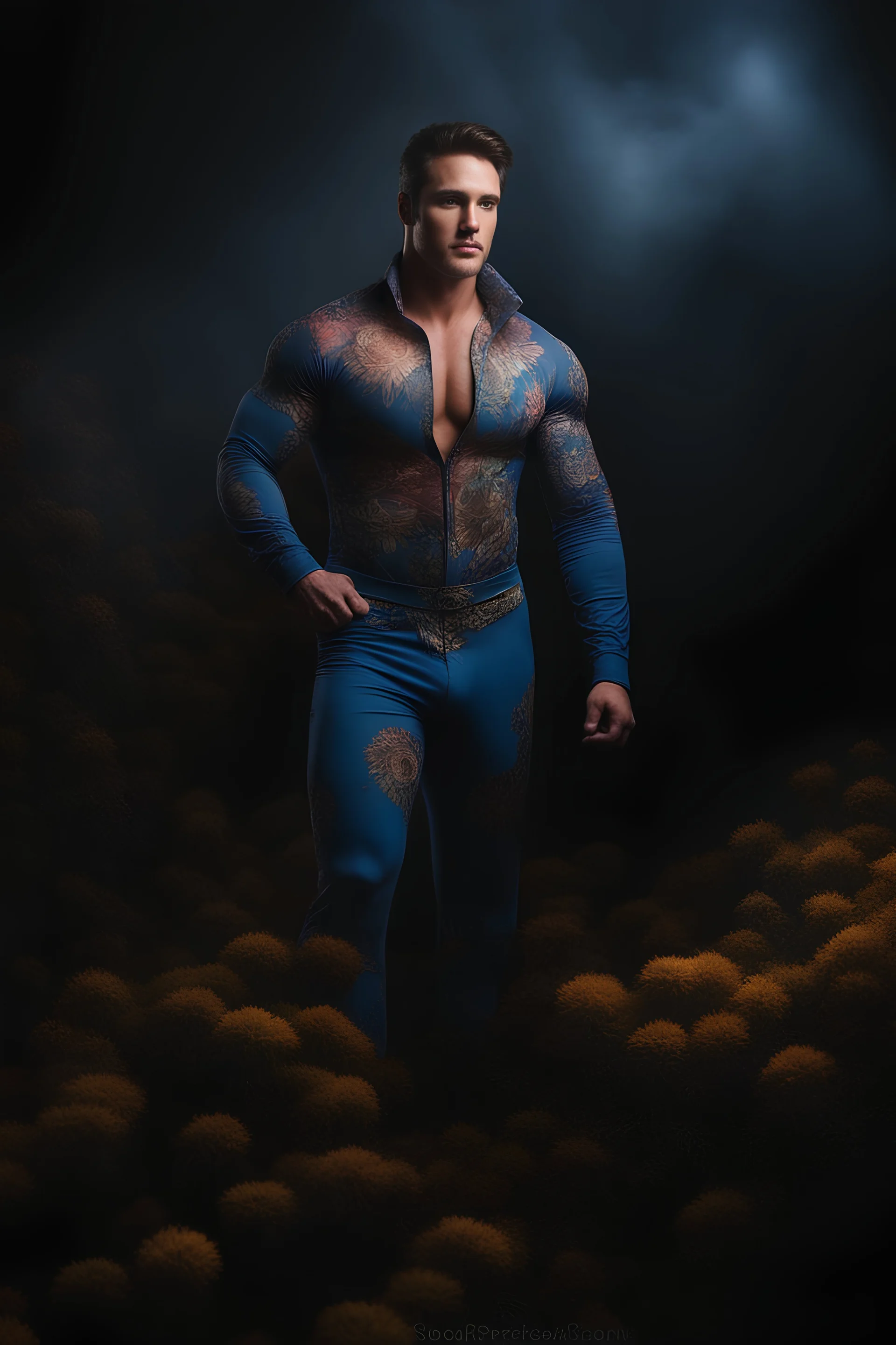 full body portrait, 6'5". 220lbs, extremely muscular, Elvis Presley has great big giant muscles, blue eyes, skintight, formfitting high-collared jumpsuit with floral designs, smirking, pitch black background, multicolored spotlight, Photorealistic, realistic stock photo, Professional quality Photograph. Fog, Clouds, mist.