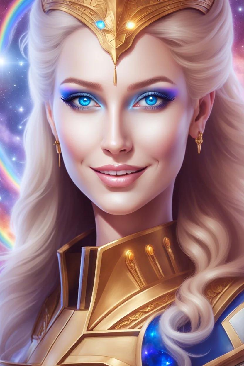 cosmic woman smile, admiral from the future, one fine whole face, crystalline skin, expressive blue eyes,rainbow, smiling lips, very nice smile, costume pleiadian, Beautiful tall woman pleiadian Galactic commander, ship, perfect datailed golden galactic suit, high rank, long blond hair, hand whit five perfect detailed finger, amazing big blue eyes, smilling mouth, high drfinition lips, cosmic happiness, bright colors, blue, pink, gold, jewels, realist, high,rainbow commander