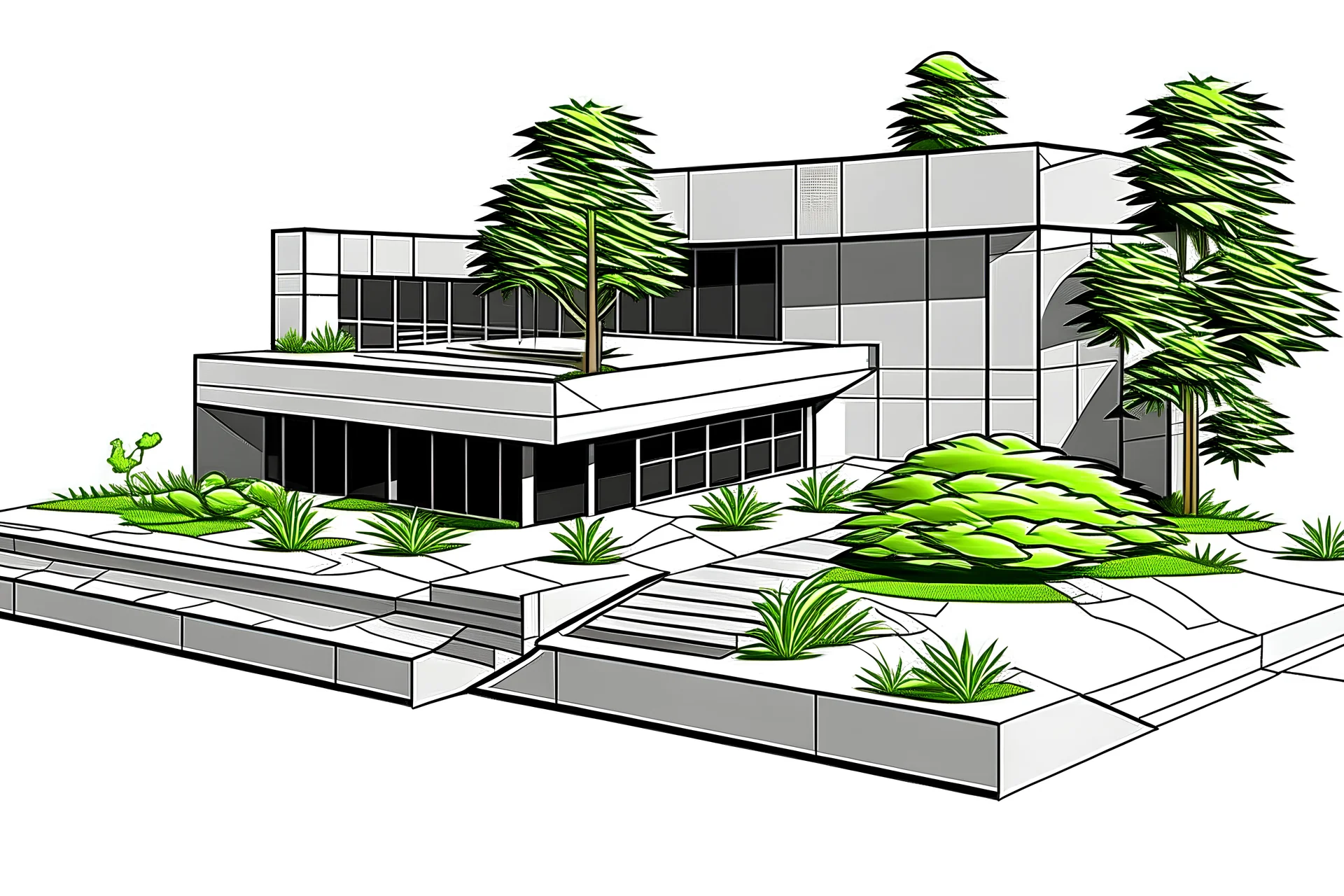 ESCUELA CON VOLADO PLANTAS Y VEGETACION NATURAL ROCA