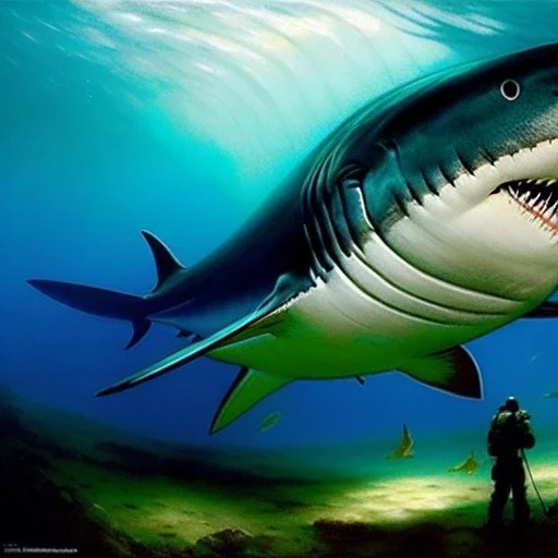 Full Body portrait of ' Giant Megalodon Shark',painting by gaston bussiere, greg rutkowski, yoji shinkawa, yoshitaka amano, tsutomu nihei, donato giancola, tim hildebrandt, oil on canvas, extreme detail,fit full head inside picture,32k