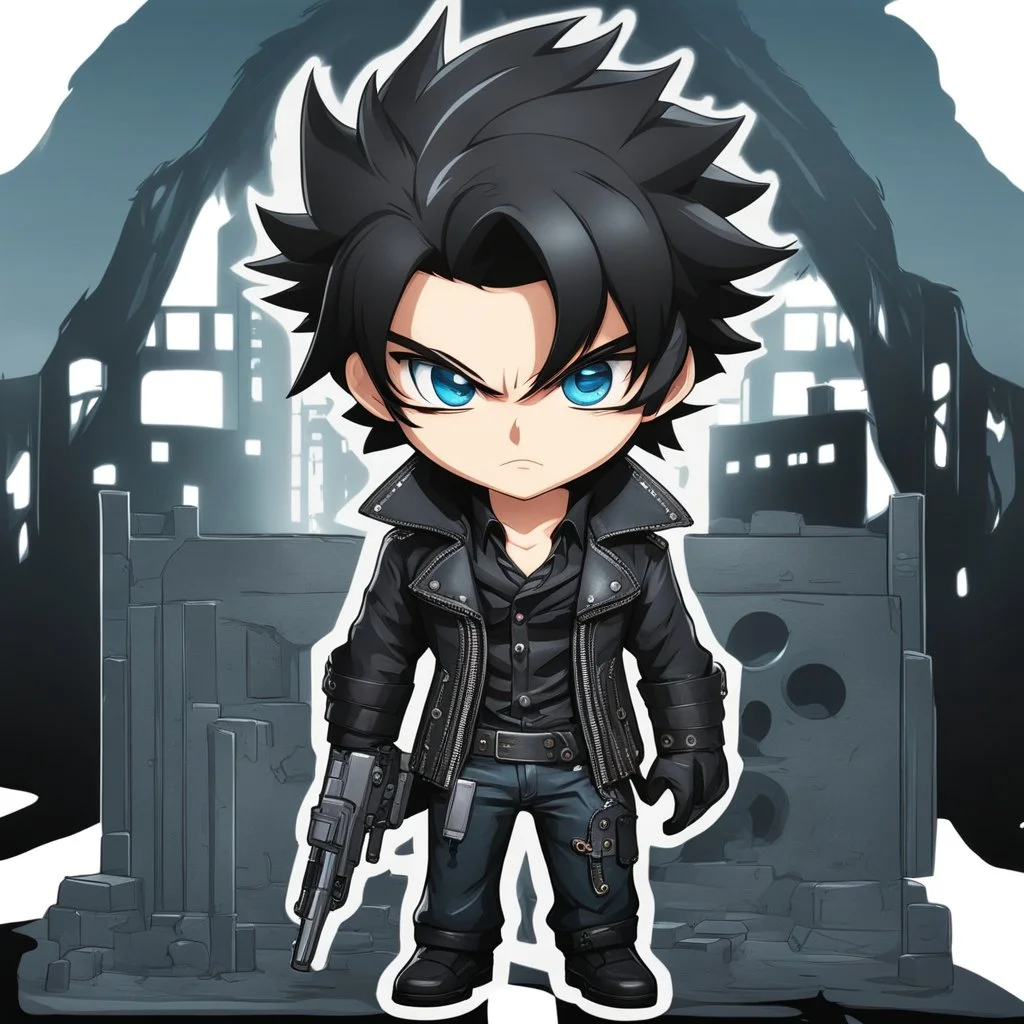 a chibi man with messy black hair, blue eyes, mafia capo, leather and denim outfit, torture, intricately detailed