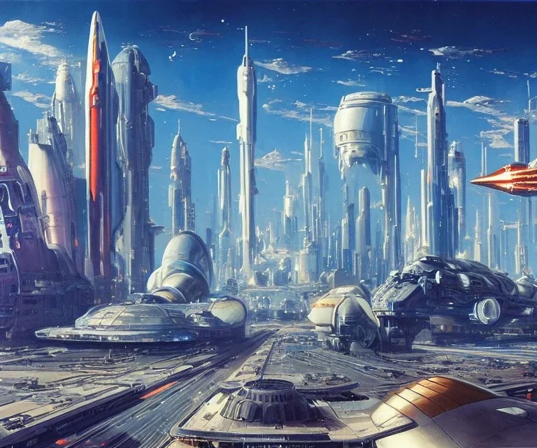 Spaceport on a heavy industrialized planet with a vibrant city in the background and a starting spaceship in the foreground, art by John Berkey, buildings with glass facades, insanely detailed, vibrant, 8k uhd, cinematic atmosphere, ultra-wide angle, street level view, brush strokes, blue sky with clouds, sharp focus