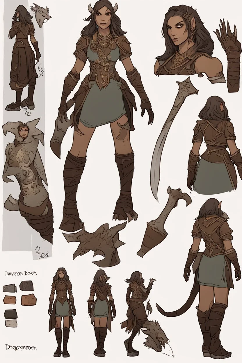 a female dragonborn inventor OC reference sheet