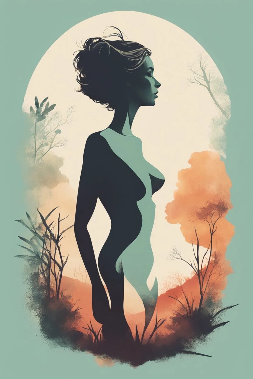 A minimalist, t-shirt design with a vintage twist, featuring a sleek and stylized unclad woman body silhouette against a faded, women body is painting about nature, awosome, bright.