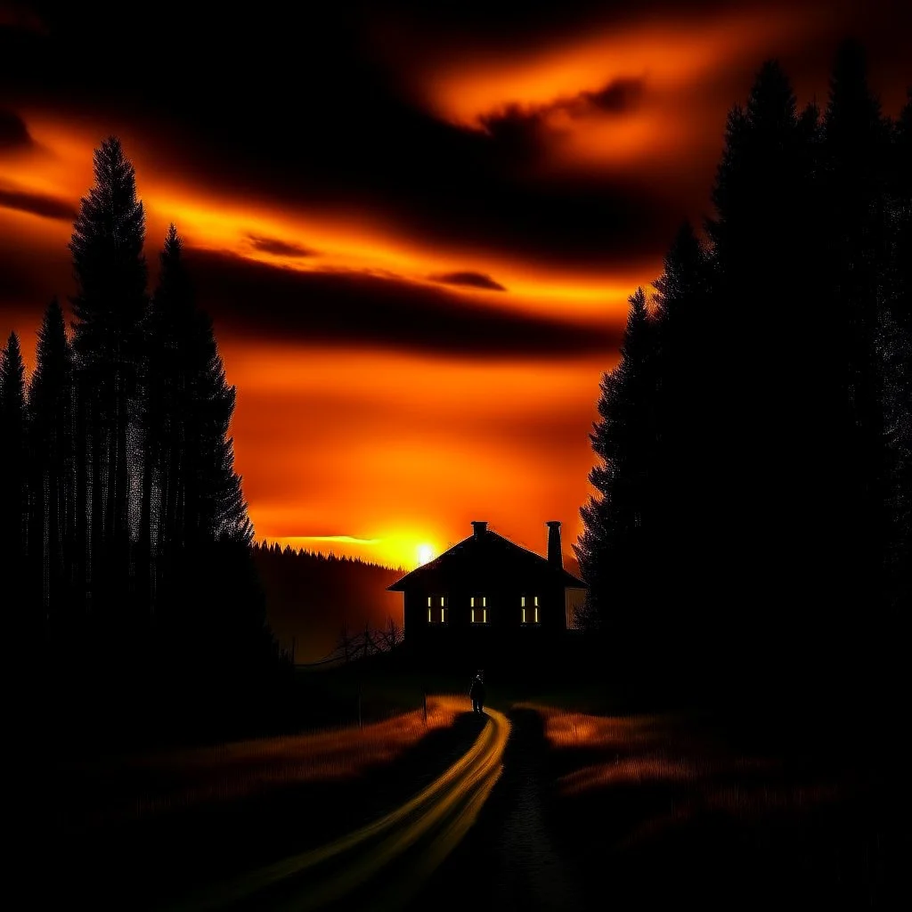 dark night, orange sunset colors in the sky, a lonely cottage in the distance on a mountain in the woods, a lonely dark silhouette walking down the road