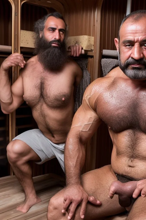 full body shot photography of two arabs angry beefy and strong carpenters unshaved embraced, ugly sitting in a steamy sauna, open legs, 48 years old, burly sweaty manly chest, angry eyes, lot of steam, photorealistic, hyper defined, 35mm lens, frontal view from the ground