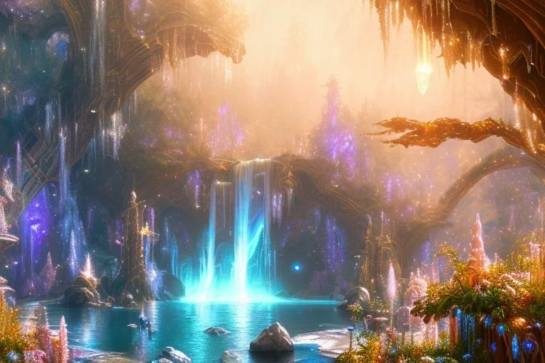  white and gold crystal cosmic ambiance，waterfall, full of details, smooth, bright sunshine，soft light atmosphere, light effect，vaporwave colorful, concept art, smooth, extremely sharp detail, finely tuned detail, ultra high definition, 8 k, unreal engine 5, ultra sharp focus