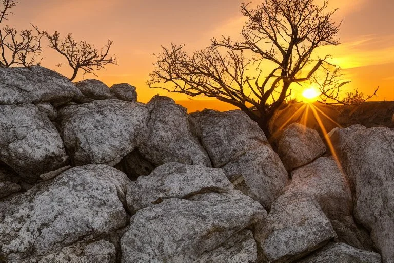 Rocks, sunset, branches