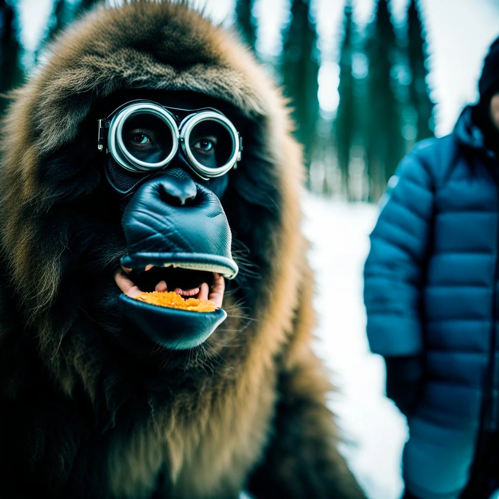 Album cover for a post rock band, close up documentary photography, Baby Yeti, young curious Bigfoot, scientist, Dystopian, Hyper detailed, realistic fur, Japanese, Extreme depth of field, bokeh blur, winter, blizzard, Alberta, all-natural, in the style of candid, imperfection, natural lighting, Professional shot, shot on Agfa, Fuji Film, Anamorphic lens, 1990s, --ar 4:5 --w 150 --style raw