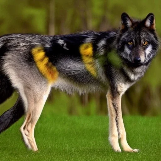 Black wolf with yellow and black markings on its face with a blade tail