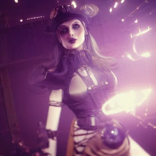 A portrait of a steam punk queen,full body portrait,feet,hands, atmospheric, realistic, unreal engine, cinematic lighting, octane render, transoarent, blue and purple light,sexy, beautiful, glowing,