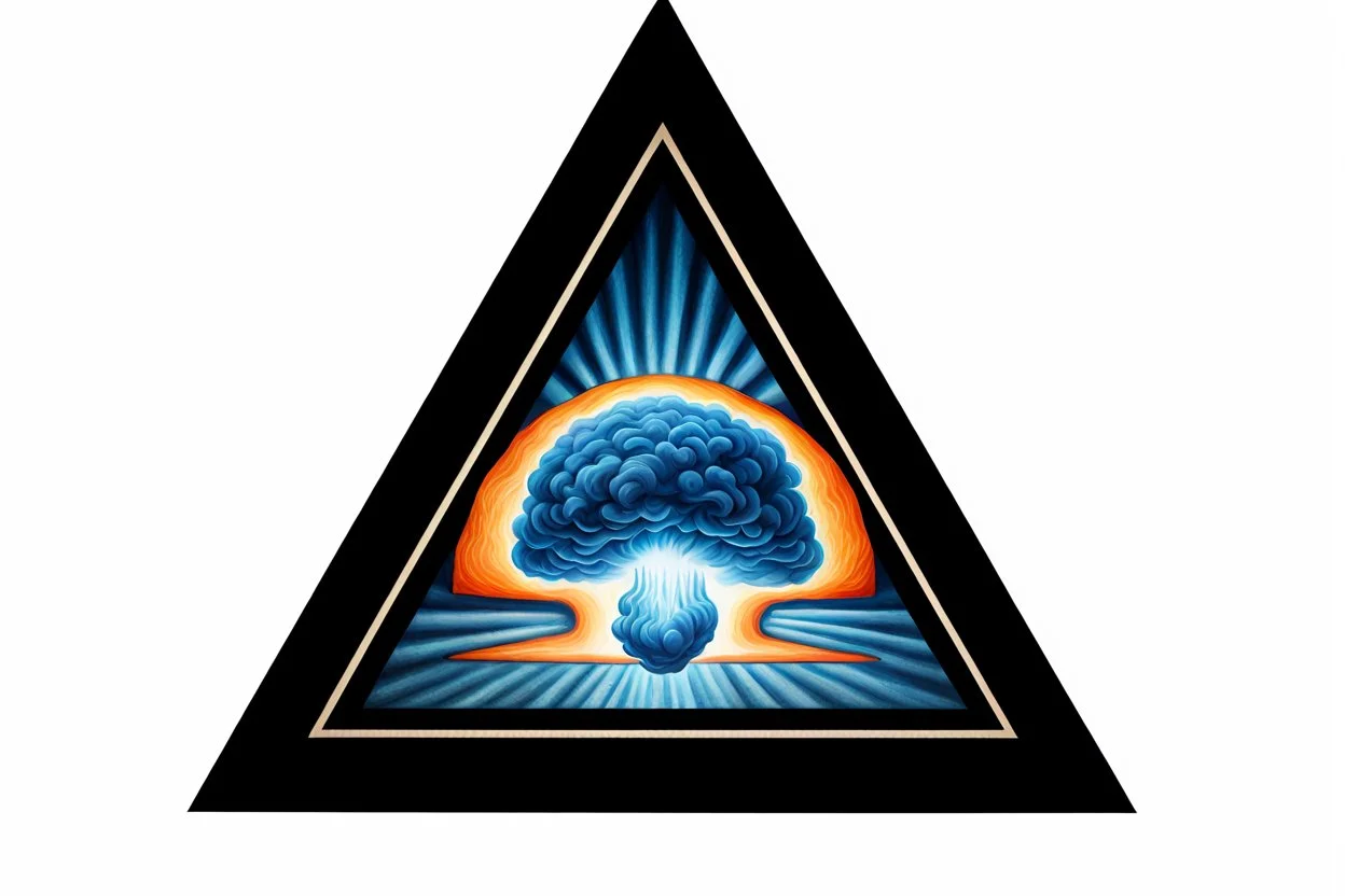 a nuclear explosion cloud, behind an orange glowing omega like shape, all inside an equilateral triangle, radiant lines, oil painting