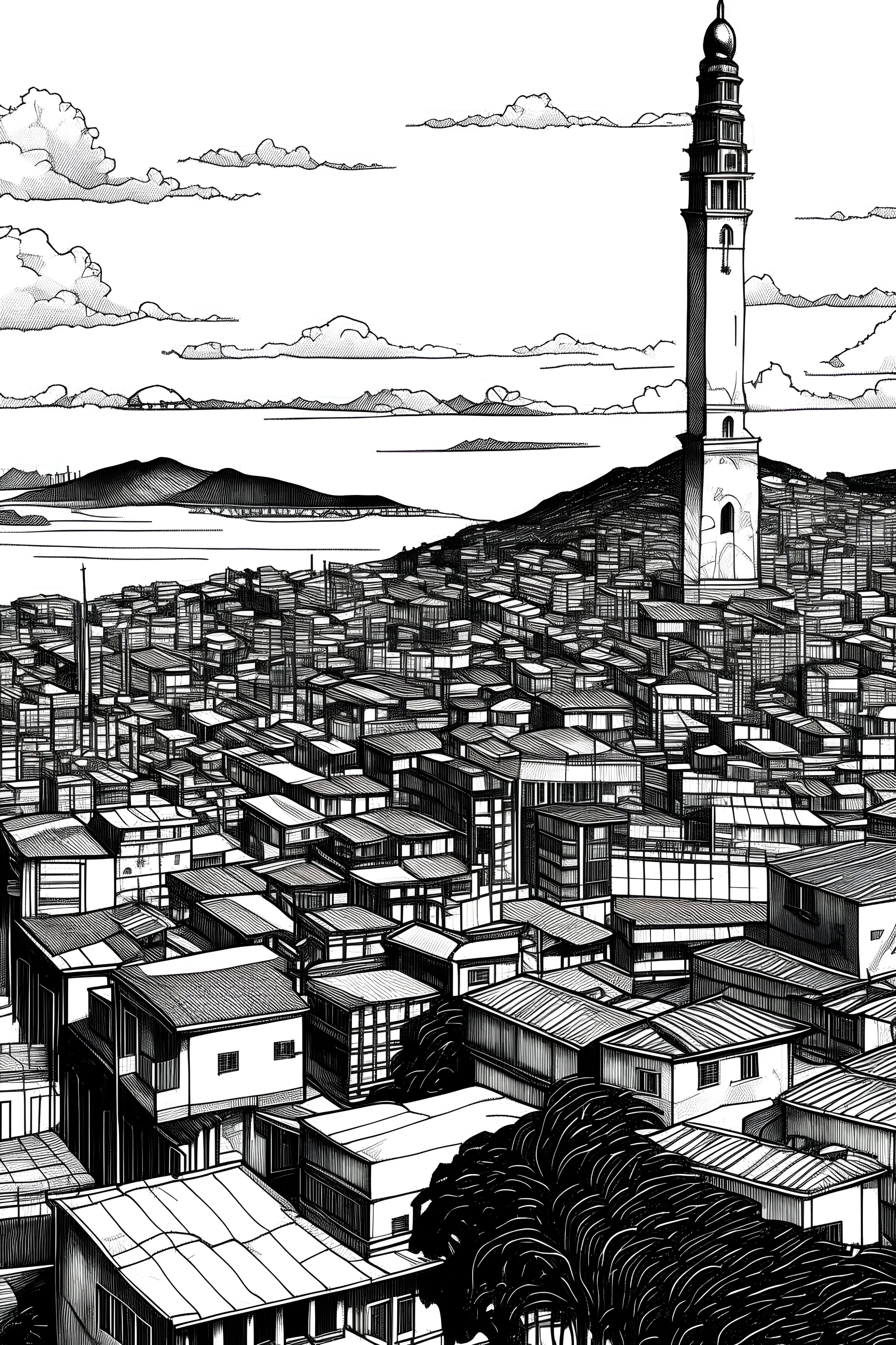 Desenho da cidade de Santos em branco e preto