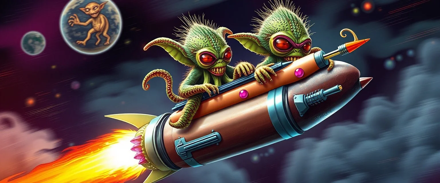 hairy macho gremlin octopus aliens living in a hi tech marvellous hot dog art graphics and gems on rocket with a mounted sling shot mega harpoon, heading for venus , background motion blur and smoke swirls, and cheeky slug