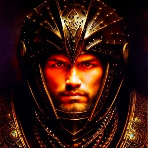 portrait 'Grunbeld-Berserk',ancient metal armor,glowing eyes ,painting by gaston bussiere, greg rutkowski, yoji shinkawa, yoshitaka amano, tsutomu nihei, donato giancola, tim hildebrandt, oil on canvas, cinematic composition, extreme detail,fit full head inside picture,16k