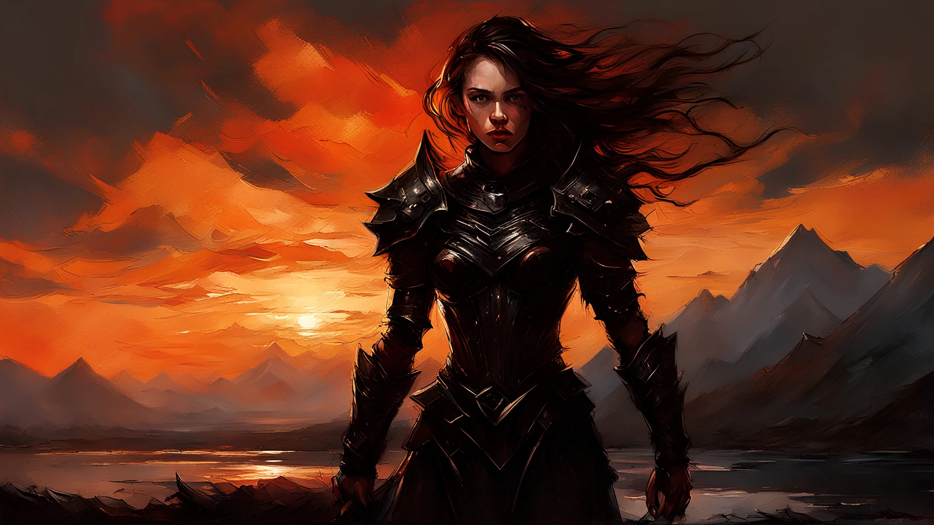 A formidable warrior girl in black armor, on the background Amazing gloomy landscape, flooded with sunset, mountains, trees, fabulous scary hero, , juicy emotions, painting, dark fantasy, gloomy day, dark world, portrait, by Alyssa Monks & Raymond Swanland & Anna Razumovskaya & Dmitry Kustanovich