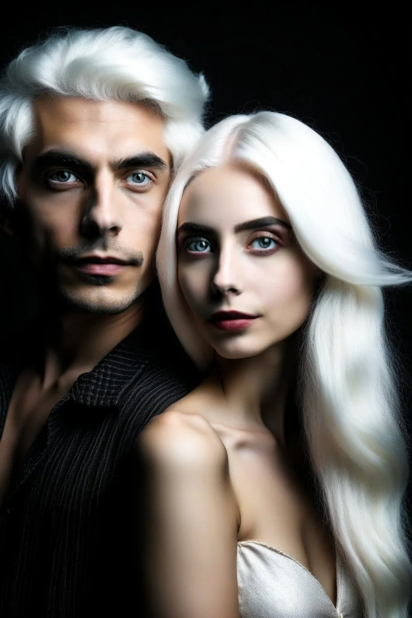 A beautiful young woman with white hair and blue eyes, her arms pinned above her head by a man with very long black hair.