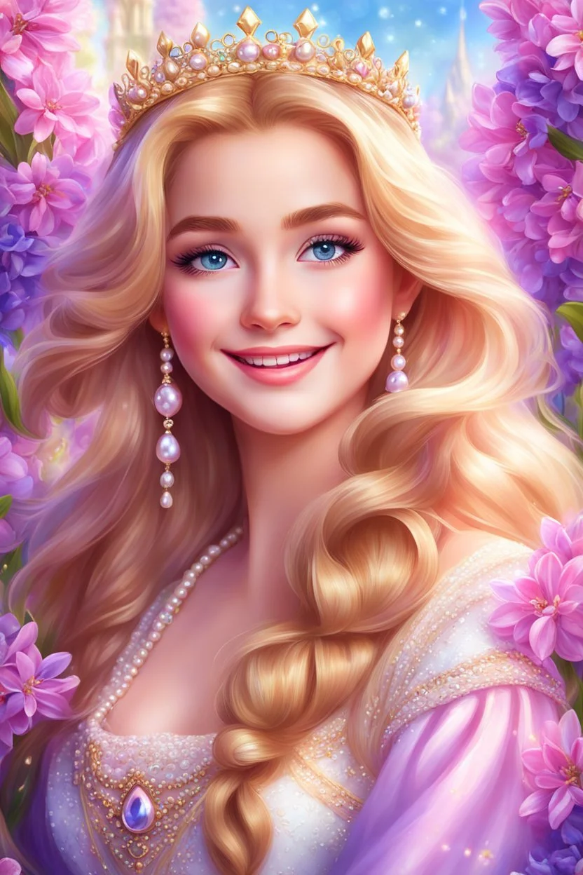 Adorable digital painting of a beautiful young girl fully dressed in gorgeous sparkling pearls, portrait of Rapunzel, sparkling crown, front view, beautiful smile, long shiny golden hair, blue eyes, beautiful face, rosy cheeks, lips Shiny pink, Rapunzel's face, digital art, surrounded by pink and purple hyacinth flowers, heavenly garden in the background, romantic style, dream world, high quality, 4k