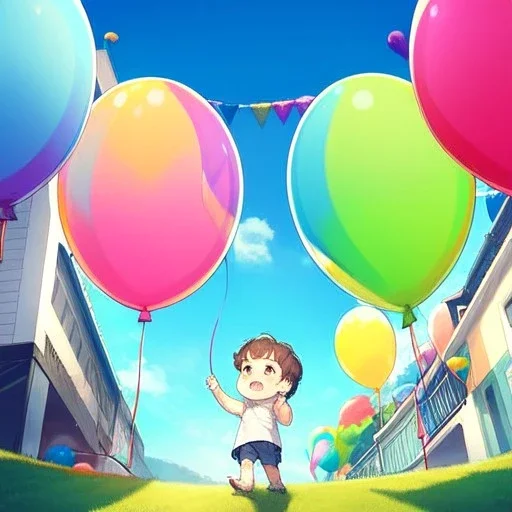 alone young anime child letting go of a balloon, looking up into the sky at the balloon