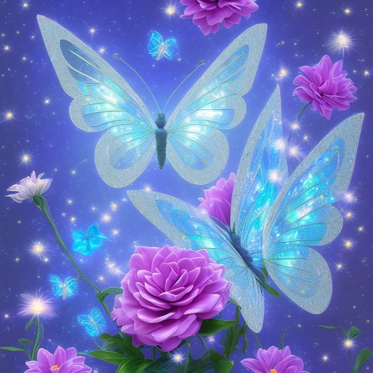 garden with subtle cristal transparent bright glitter blue butterfly, light, galactic, subtle flowers