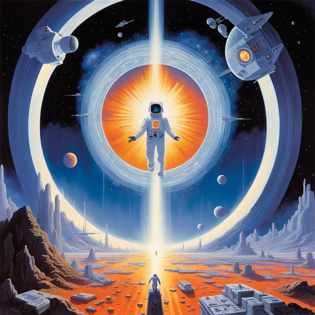 Surreal being emerging from an interdimensional portal taking off its uncanny human mask revealing a pure infinite vortex of pure energy, by Robert McCall and John Stephens, brilliantly grounded against a dark nighttime backdrop of an elusive sci-fi dream, palpable textures, distressing colorful hues.