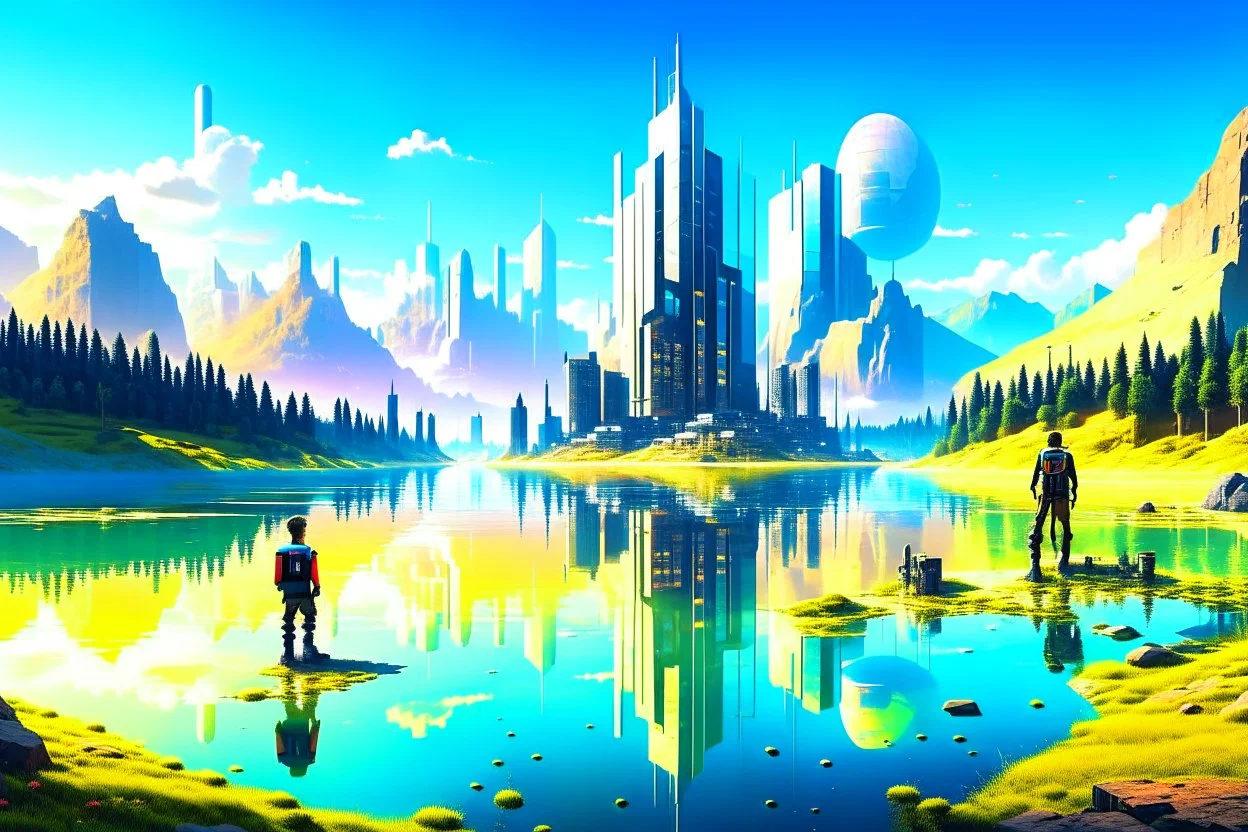 Sunny day, distant modern city, lake, lake reflections, people, mountains, sci-fi