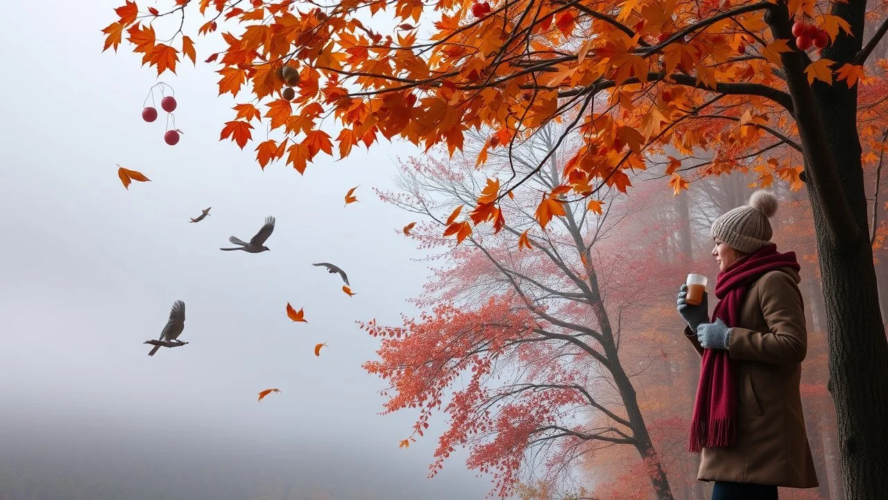 Autumn: falling leaves, chestnuts, acorns, berries, Misty mornings, fog over fields or forests; people wear scarves, woolly hats, gloves, warm drinks; birds migrating, squirrels gathering nuts, mushrooms growing in forests, lanterns. Award winning photograph.