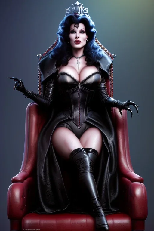 painting of lisa ann as evil queen in black leather, sitting on a throne, leather, angry, stern look, volumetric lighting, particales,highly detailed,cinematic, deep colours,8, highly detailed, digital painting, artstation, concept art, smooth, sharp focus,