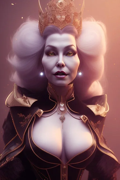 Mae West as evil queen in black leather, leather, busty, cleavage, angry, stern look. character design by cory loftis, fenghua zhong, ryohei hase, ismail inceoglu and ruan jia. unreal engine 5, artistic lighting, highly detailed, photorealistic, fantasy