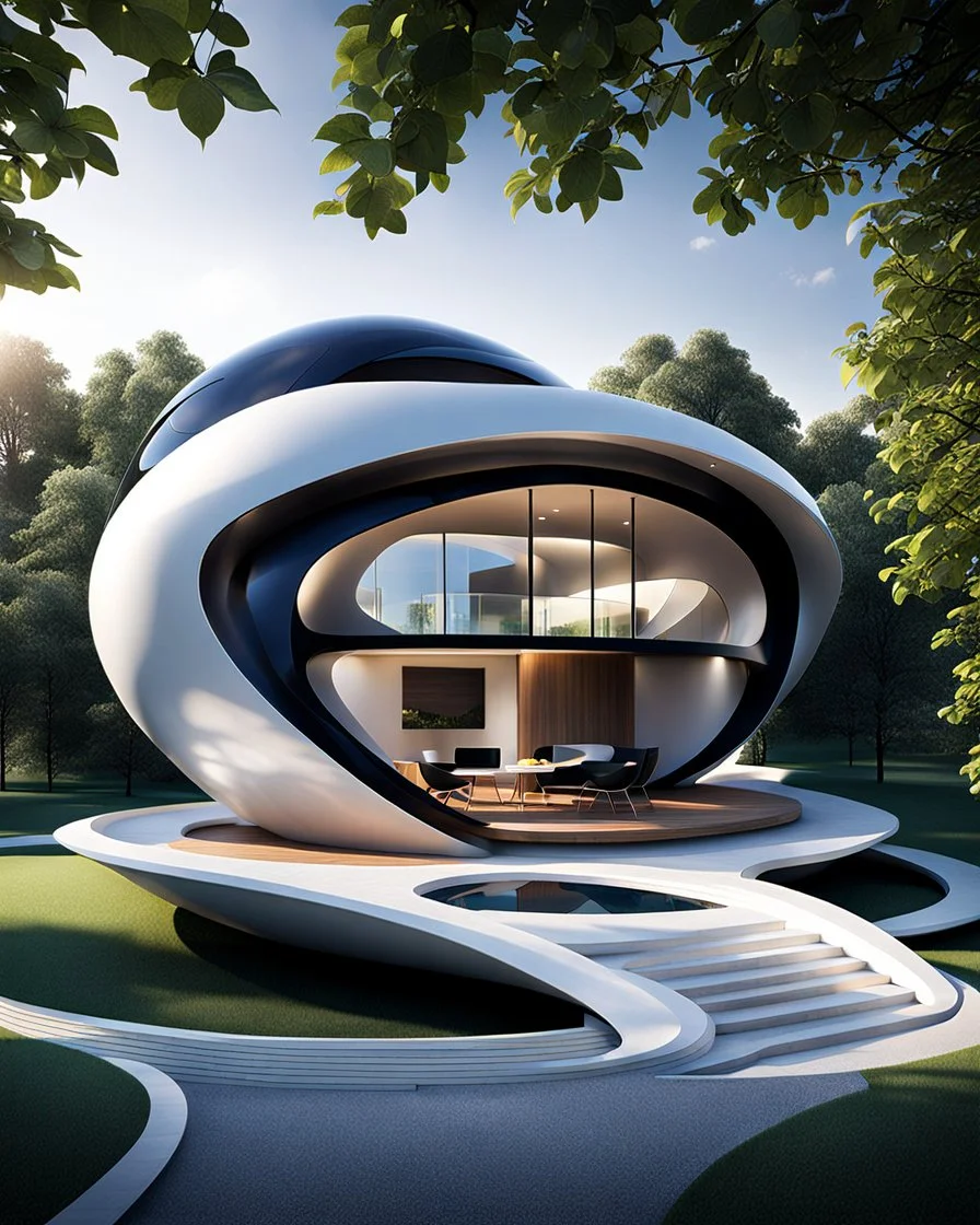 Casa con forma de manzana calidad ultra hiperdetallada estilo Zaha Hadid 64k