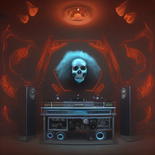 DJ of the damnded, insanely detailed DJ booth in hell, MID set, speakers and equipment made of bone, anatomically correct, add more skulls in th audience, photorealism, vray, 8k 3d, woofers in all empty eye sockets of stage equipment, wide angle, telephoto, from audience, all multicolored skulls,