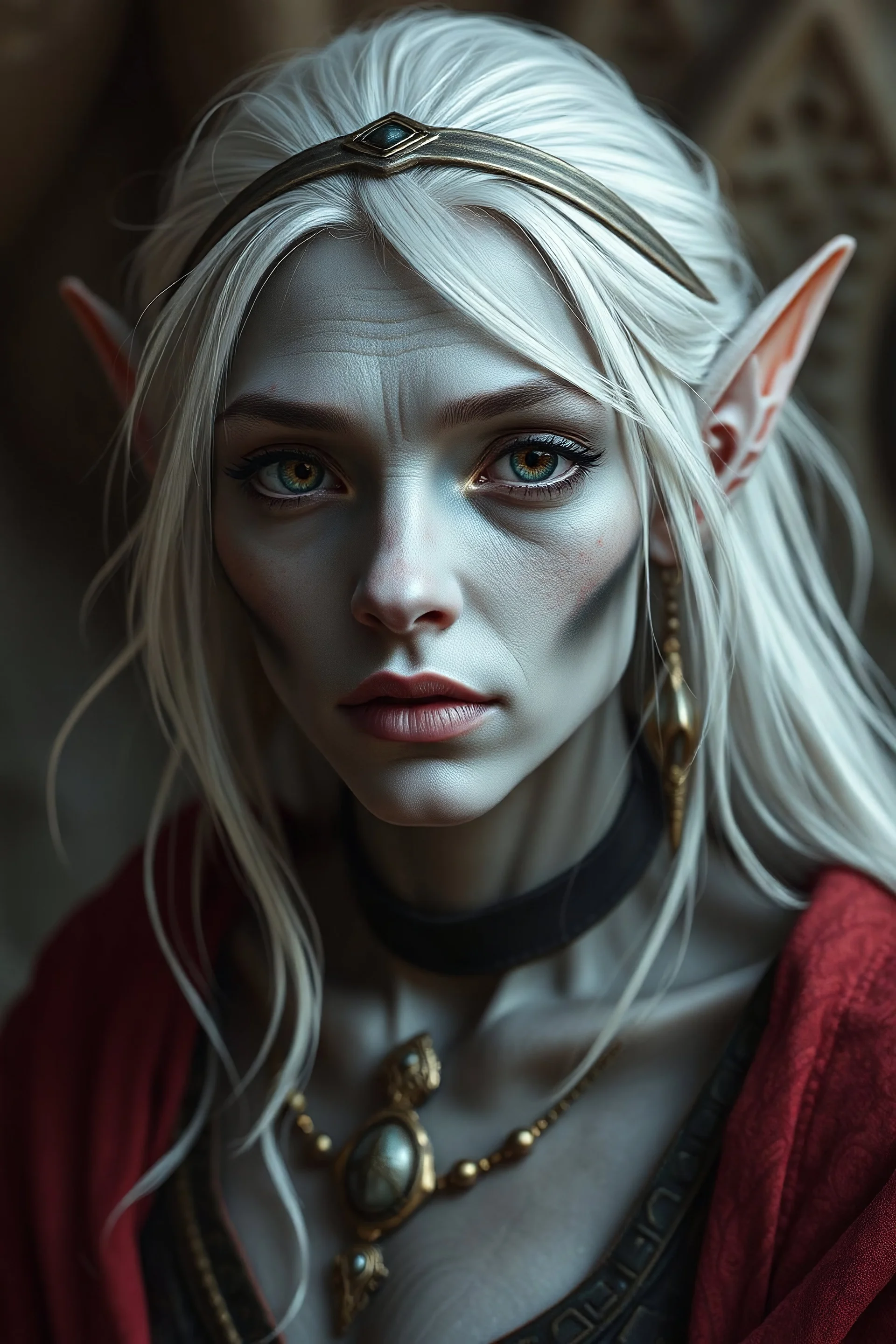 grey skinned female elf with platinum hair