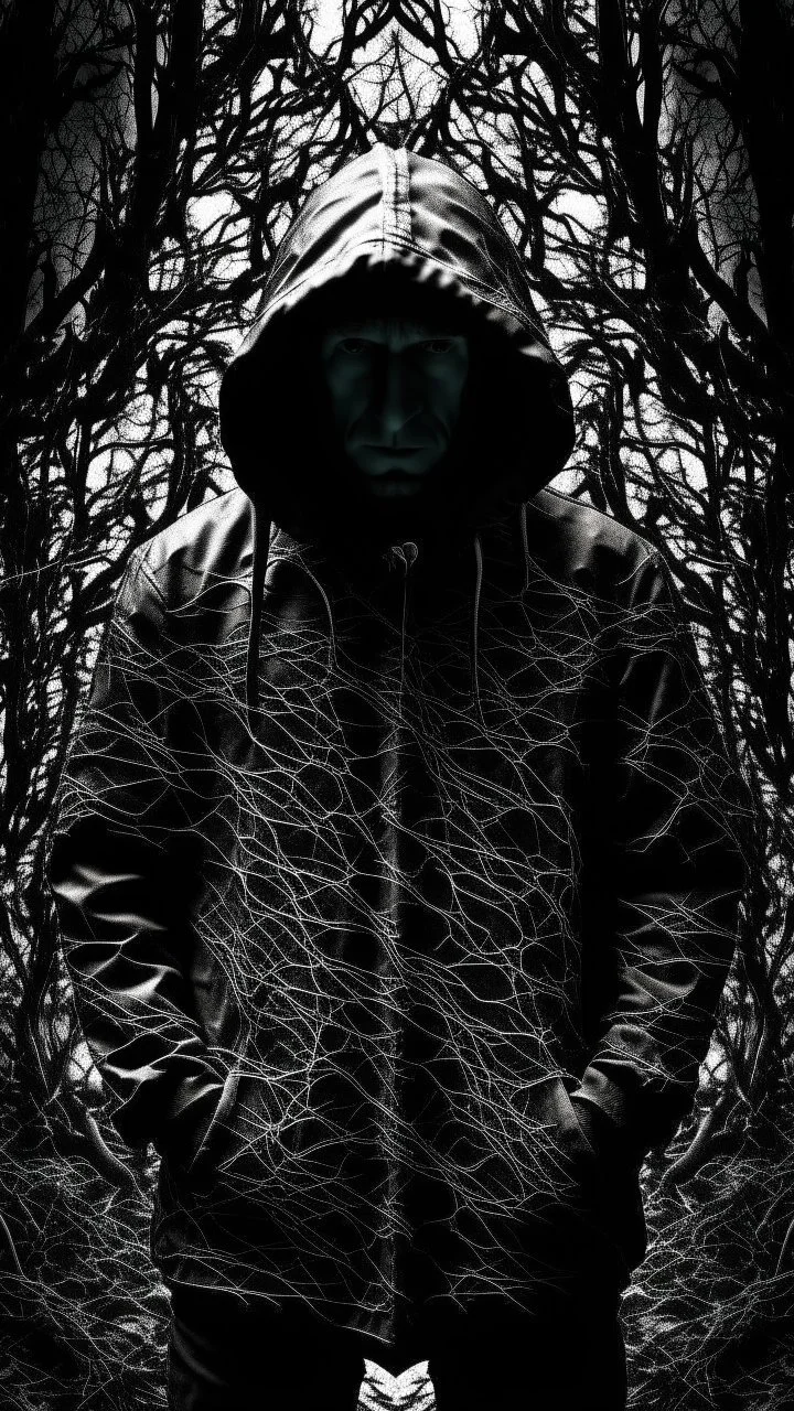 black vein, human veins, mixing together a lot of them, like a forest, big and small veins a lot of them, in the middle a scary hooded creatur