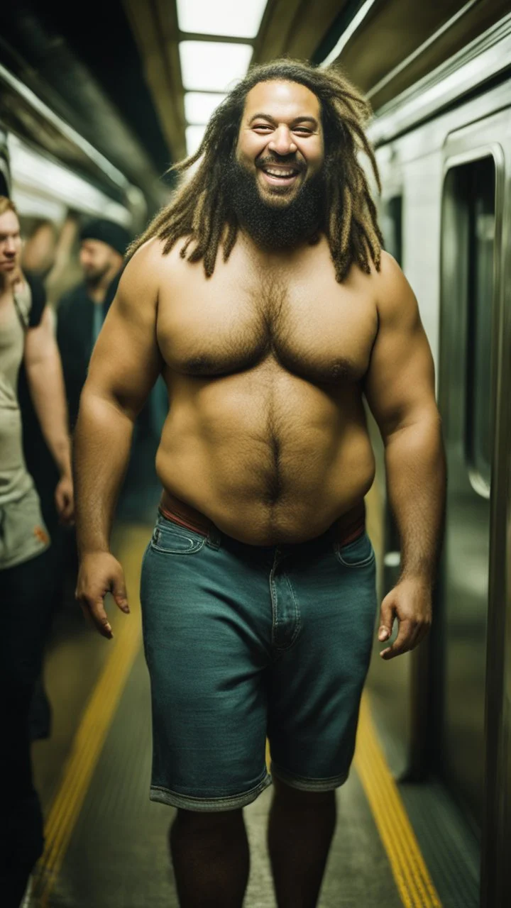 full figure photography of an ugly dirty gipsy burly muscular chubby stocky strong man 31 years old with raided beard, dreadlocks, manly chest, hairy , smiling mouth, photorealistic ,shirtless, bulging shorts, side light, inside a crowded subway station , neon lights