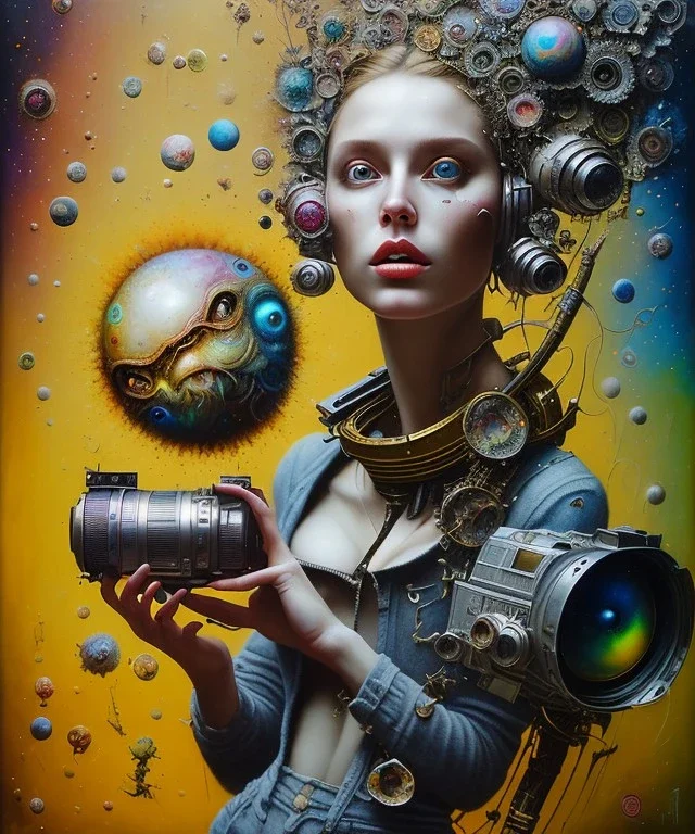 happy beautiful girl holding big proffesional camera in studio. street art, oil on canvas, spray paint, collage, letters, newspapeers, Dave McKean, Vladimir Fedotko, Saturno Butto, Vaughn Bodé, Frank Wu, James C. Christensen, collage, dirty, paint dripping, radiant