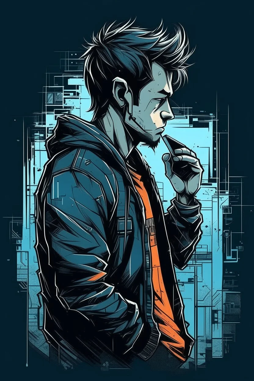 man, profile, cyberpunk, holding a cellphone, comic book art style, geek, engineer, t-shirt, jeans, drug addict, hoodie,