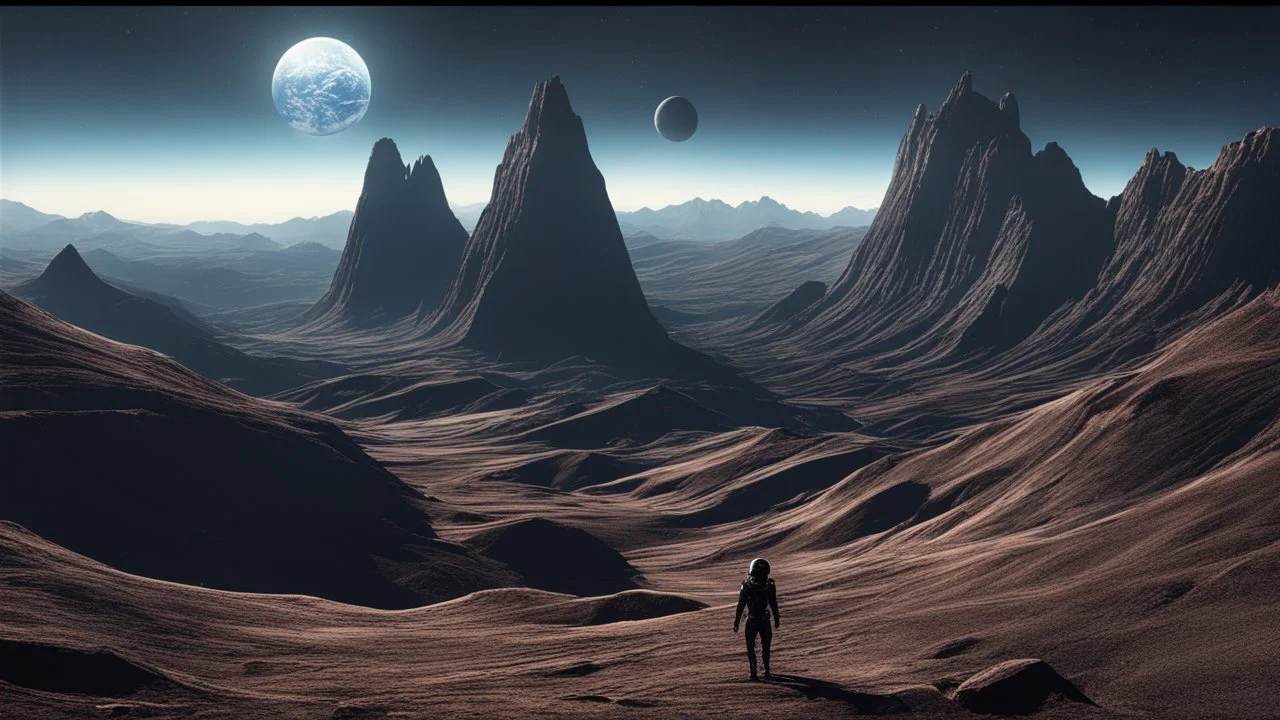 4k, hyper-realistic, Ultra-HD, Ray-tracing, Alien planet, mountainous, Stars, Dark, Monolith, space