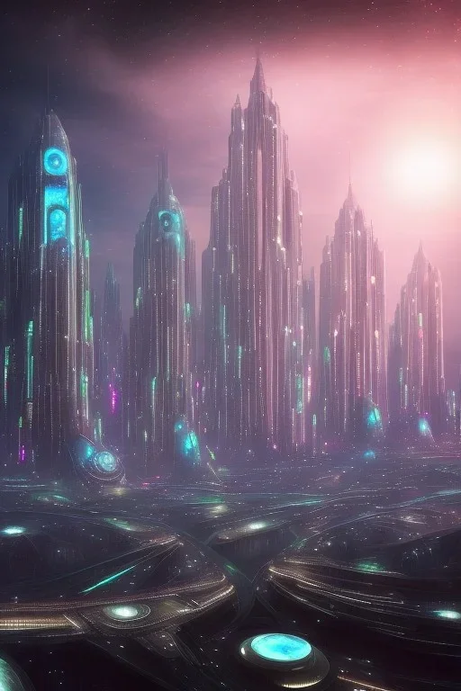 Cité cosmique futuriste avec dome, brouillard, riviers animé, soleil, ciel étoilé cgi,