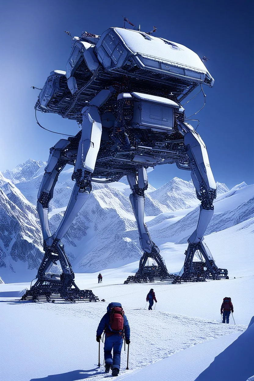 a sleek mechanical walker with eight legs scaling a very steep snow covered side of mout everest at night, it has a smooth surface, it has storage pods on its belly and humans can fit in the pods