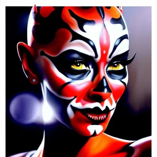 Ultra detailed fullbody Portrait in oil on canvas of beautiful female darth Maul ,extremely detailed digital painting,ultrarealistic skin,intense stare, extremely detailed face, crystal clear eyes, mystical colors ,perfectly centered image, perfect composition, rim light, beautiful lighting,masterpiece ,8k, stunning scene, raytracing, anatomically correct, in the style of Simon Bisley and uncannyknack and Ohrai Noriyoshi and robert e howard and Steve Jung.