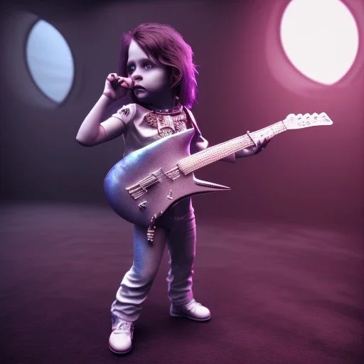 3d render, Alice Cooper toddler, full body, guitar, dramatic lighting, volumetric lighting, music studio background, hyper realistic, unreal engine 5, 8k, UHD,