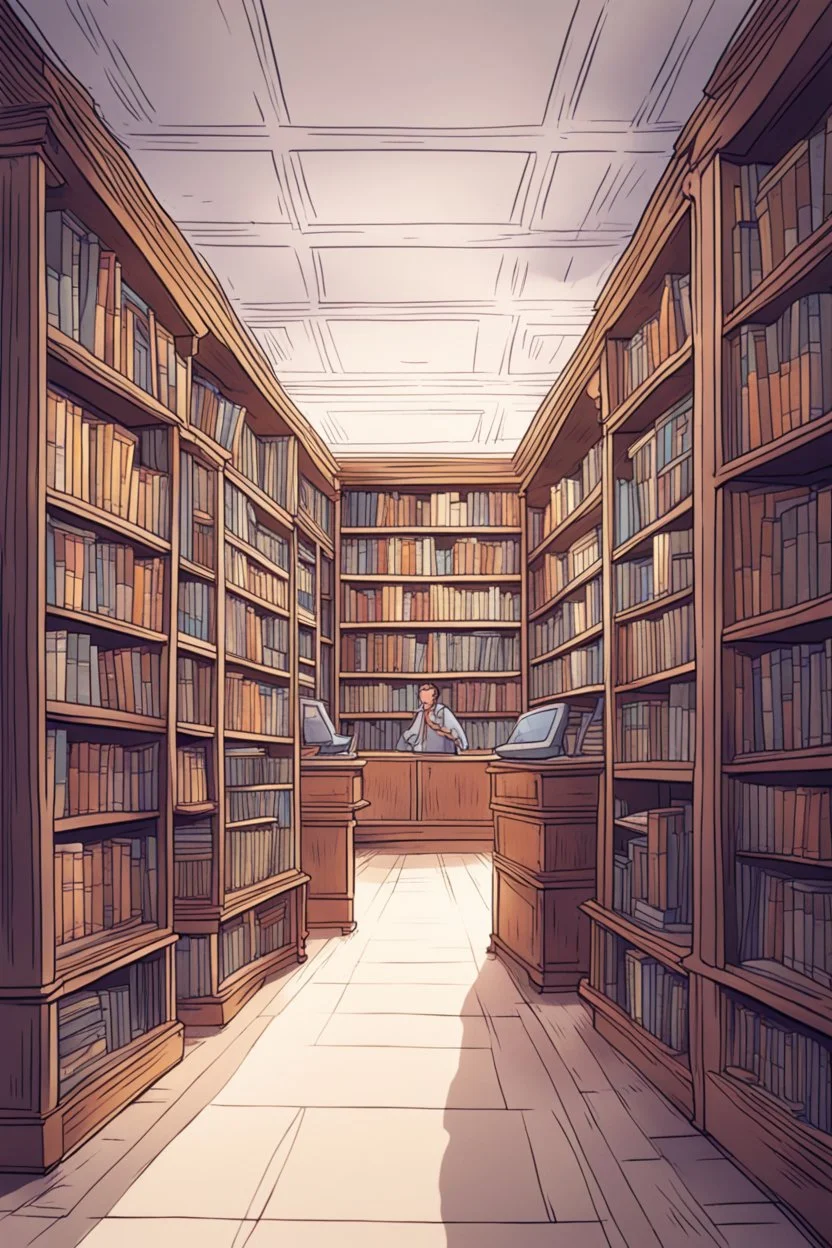 The library is serviced by computers, there are many books on the shelves, search for books on the computer. Expression. High-quality drawing, 8K